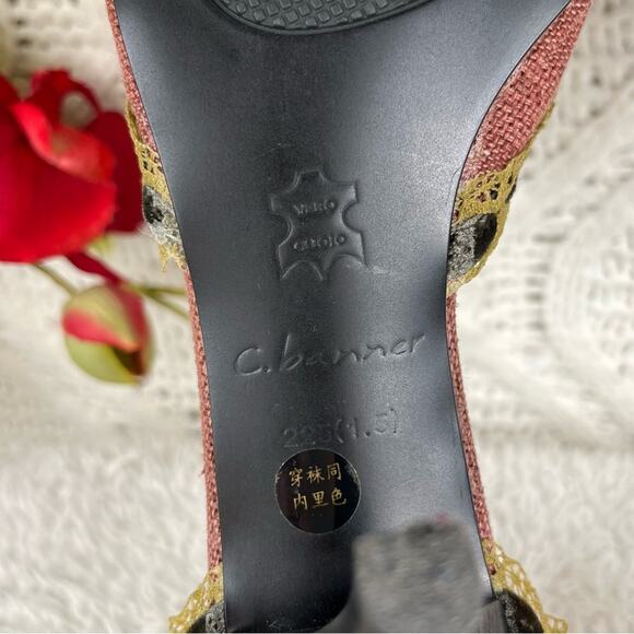 C. BANNER Pink Tweed Lace Detail Open Toe Ribbon Tie Up Kitten Heel Pumps 5.5 - Picture 12 of 12